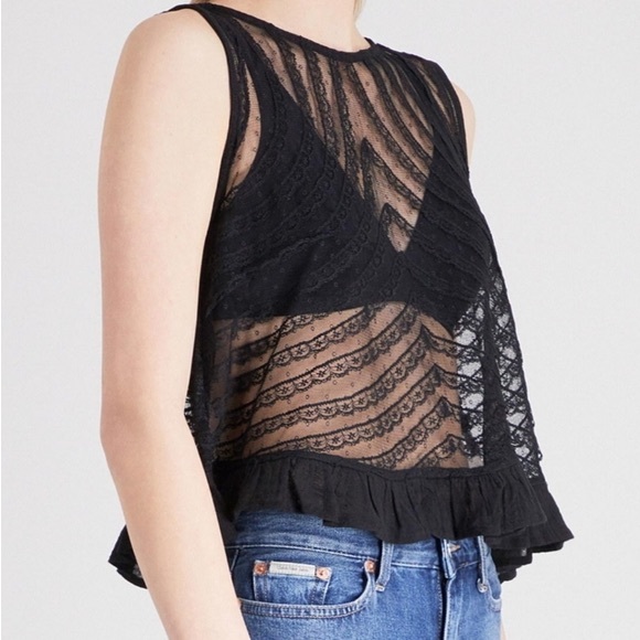 Free People She's A Doll Top Tank Top Back Buttons Black Lace Ruffle Hem Size S - Picture 2 of 8